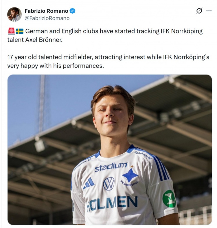 体育入口-罗马诺:德国、英格兰俱乐部关注北雪平17岁中场布伦纳